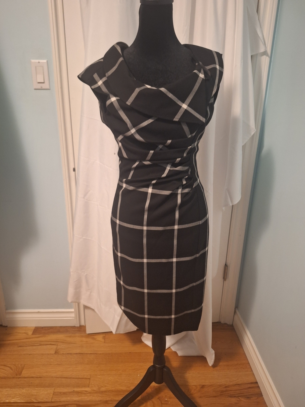 le chateau Black Windowpane Midi Dress with Draped Cowl